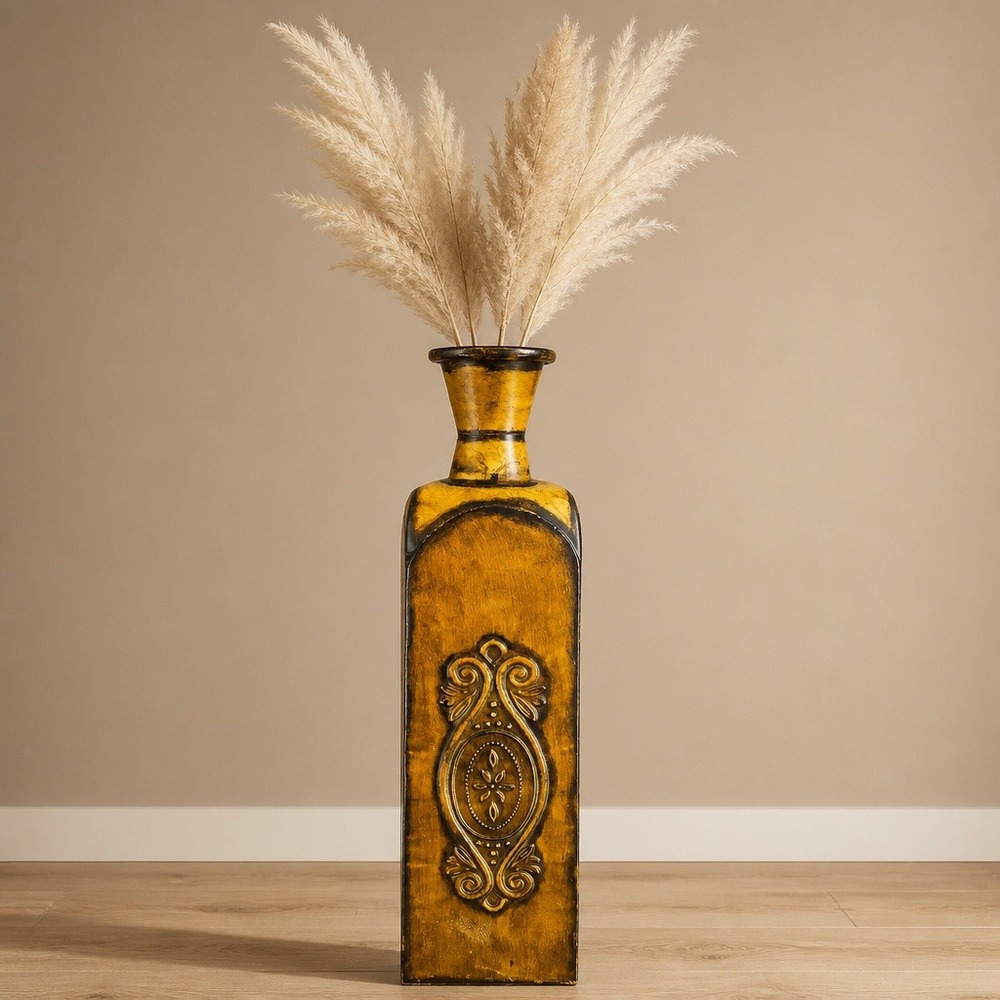 Embossed Metal Floor Vase Yellow Distressed Large 30" Old World Tuscan Decor